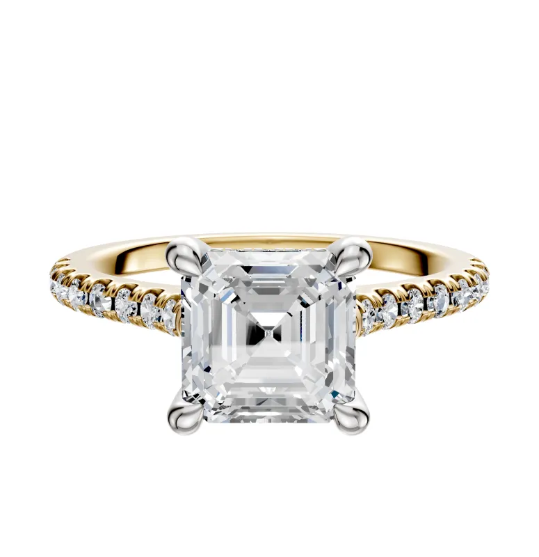 18K Two Tone 4 Prong Hidden Halo Cathedral Dome 1-Row-Pave 2.5mm Engagement Ring sold by Promise By Effy