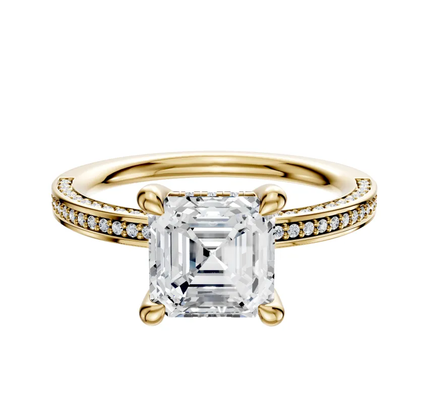 14K Yellow Gold 4 Prong Hidden Halo Classic Flat 3-Row-Pave 2.0mm Engagement Ring sold by Promise By Effy