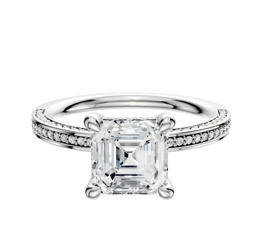 14K White Gold 4 Prong Hidden Halo Classic Flat 3-Row-Pave 2.0mm Engagement Ring sold by Promise By Effy