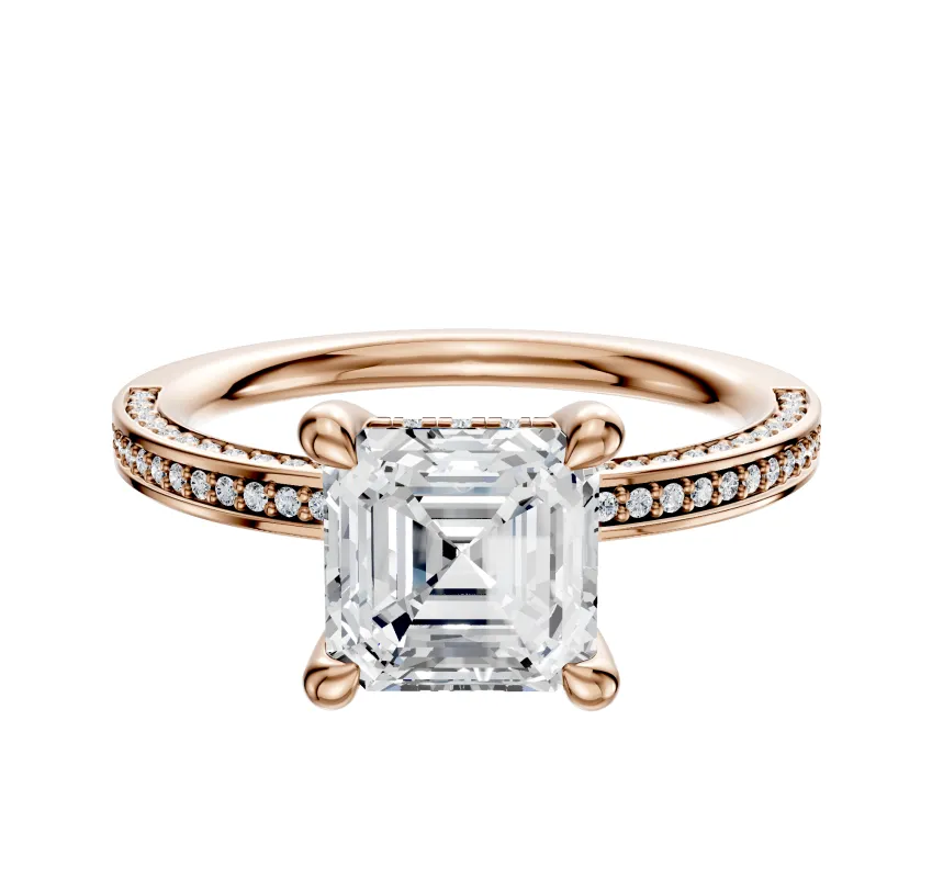 18K Rose Gold 4 Prong Hidden Halo Classic Flat 3-Row-Pave 2.0mm Engagement Ring sold by Promise By Effy