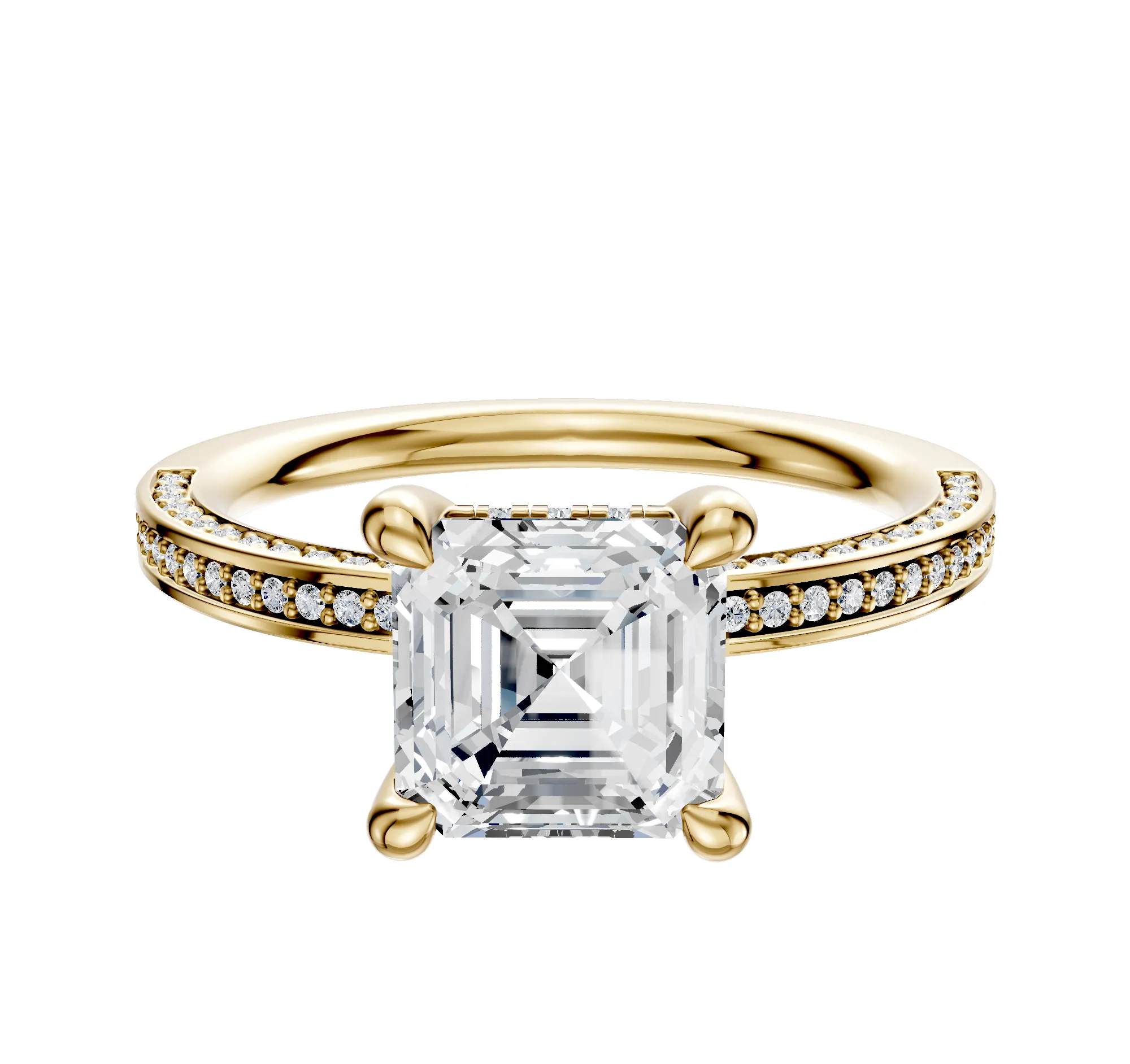 18K Yellow Gold 4 Prong Hidden Halo Classic Flat 3-Row-Pave 2.0mm Engagement Ring sold by Promise By Effy