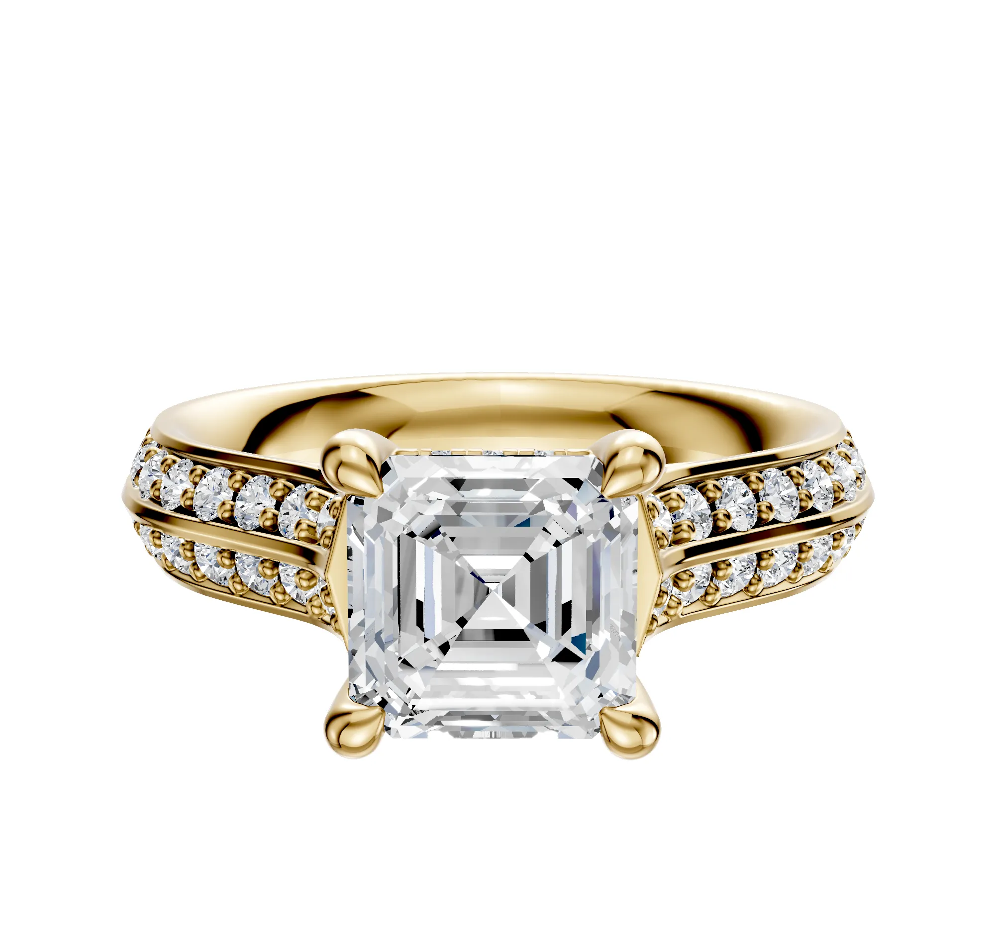14K Yellow Gold 4 Prong Hidden Halo Cathedral Knife Edge 1-Row-Pave 2.5mm Engagement Ring sold by Promise By Effy