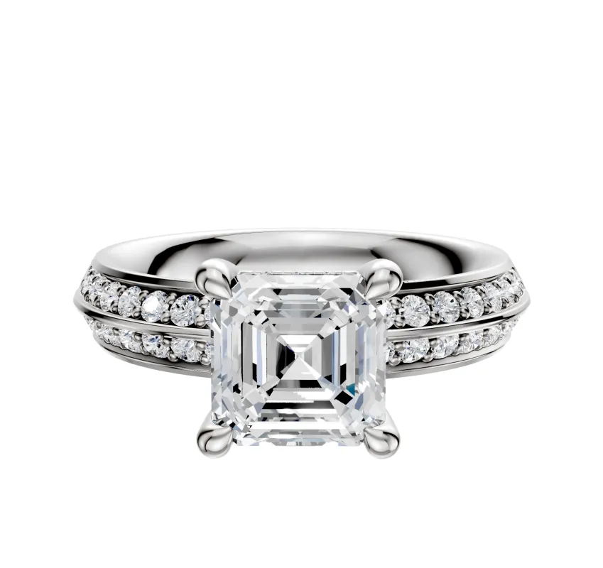 Platinum 4 Prong Hidden Halo Classic Knife Edge 1-Row-Pave 2.5mm Engagement Ring sold by Promise By Effy