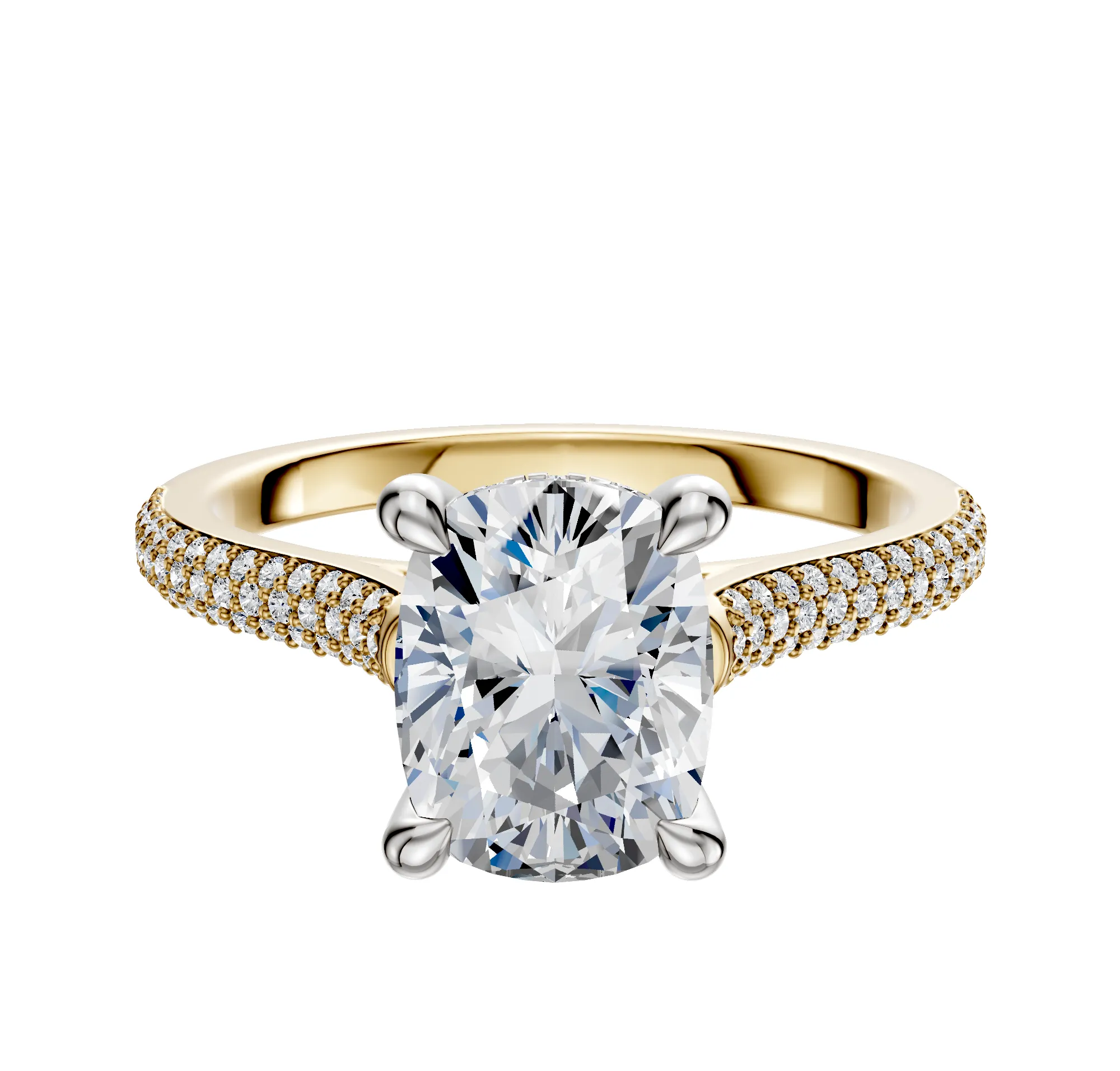 18K Two Tone 4 Prong Hidden Halo Cathedral Dome 3-Row-Pave 2.0mm Engagement Ring sold by Promise By Effy