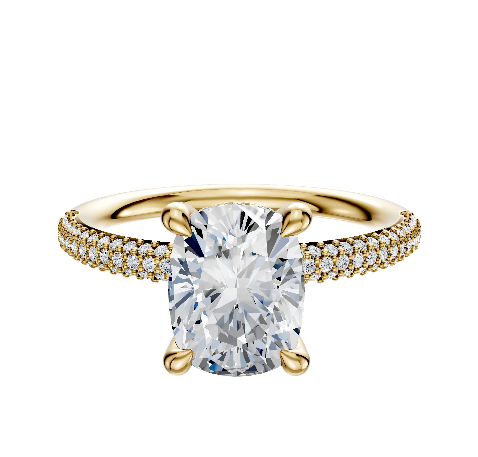 14K Yellow Gold 4 Prong Hidden Halo Classic Dome 3-Row-Pave 2.0mm Engagement Ring sold by Promise By Effy