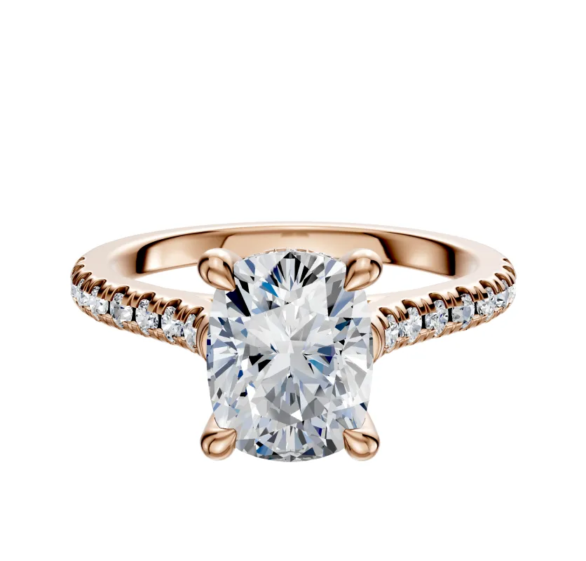 18K Rose Gold 4 Prong Hidden Halo Cathedral Dome 1-Row-Pave 2.5mm Engagement Ring sold by Promise By Effy