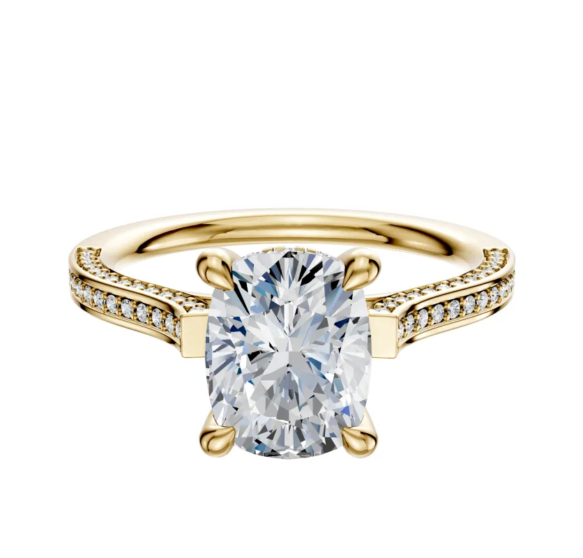 14K Yellow Gold 4 Prong Hidden Halo Cathedral Flat 3-Row-Pave 2.0mm Engagement Ring sold by Promise By Effy