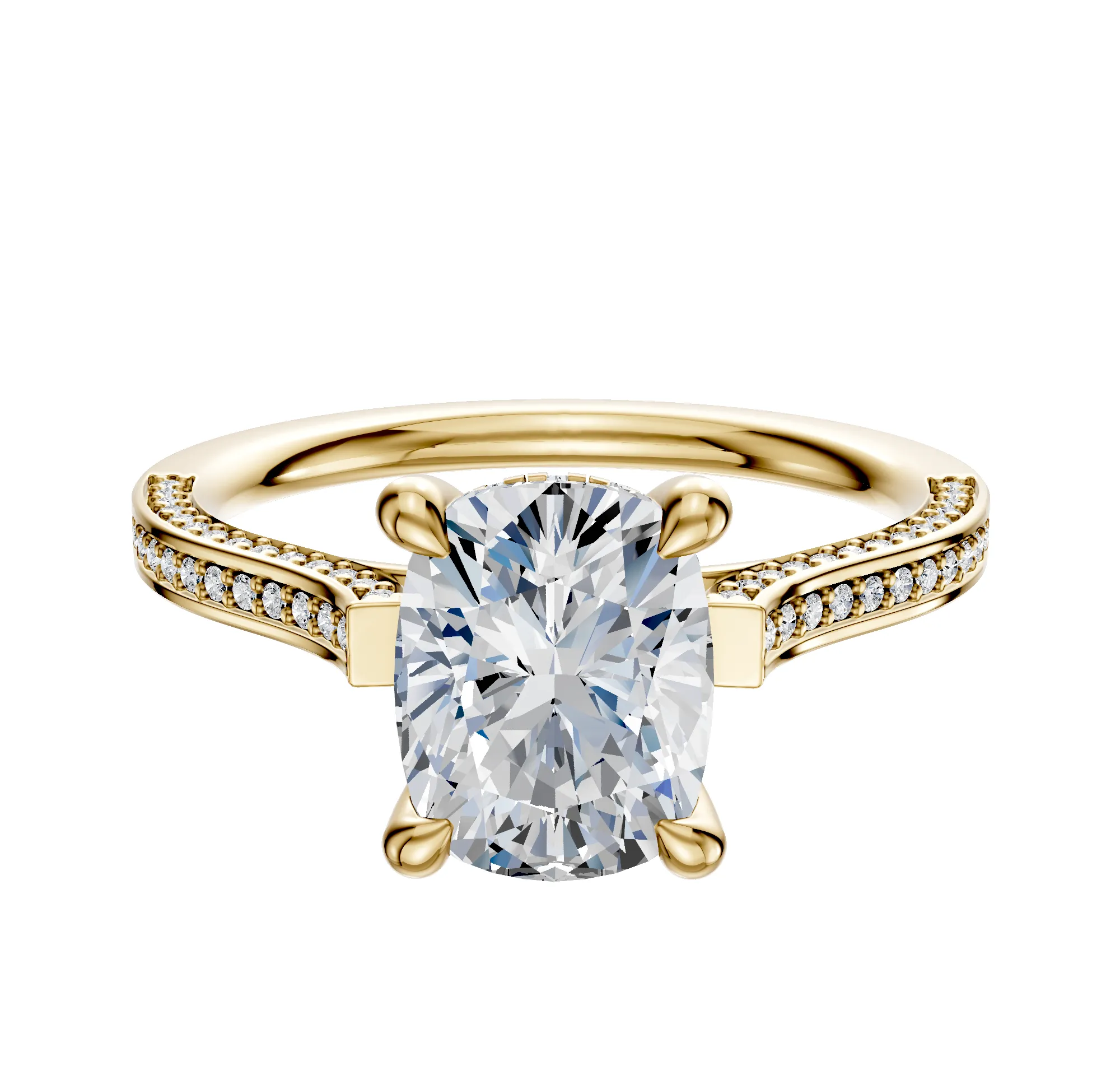 18K Yellow Gold 4 Prong Hidden Halo Cathedral Flat 3-Row-Pave 2.0mm Engagement Ring sold by Promise By Effy