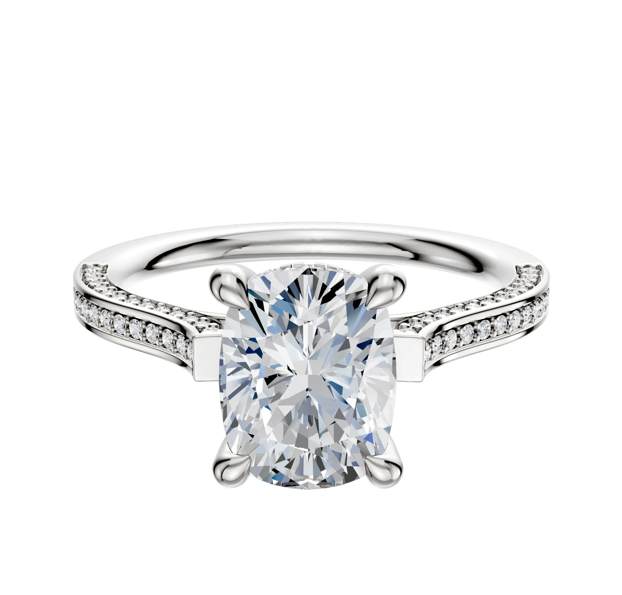 18K White Gold 4 Prong Hidden Halo Cathedral Flat 3-Row-Pave 2.0mm Engagement Ring sold by Promise By Effy