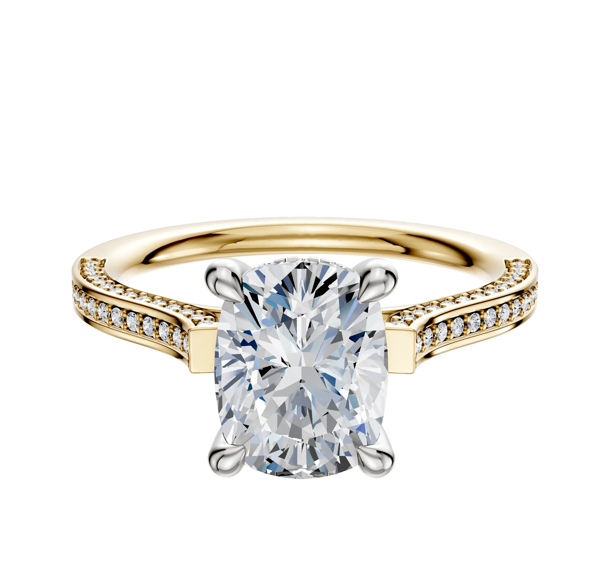 18K Two Tone 4 Prong Hidden Halo Cathedral Flat 3-Row-Pave 2.0mm Engagement Ring sold by Promise By Effy