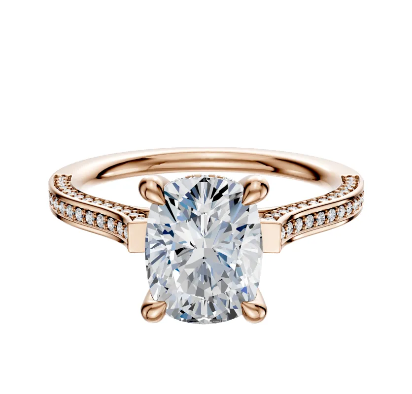 18K Rose Gold 4 Prong Hidden Halo Cathedral Flat 3-Row-Pave 2.0mm Engagement Ring sold by Promise By Effy