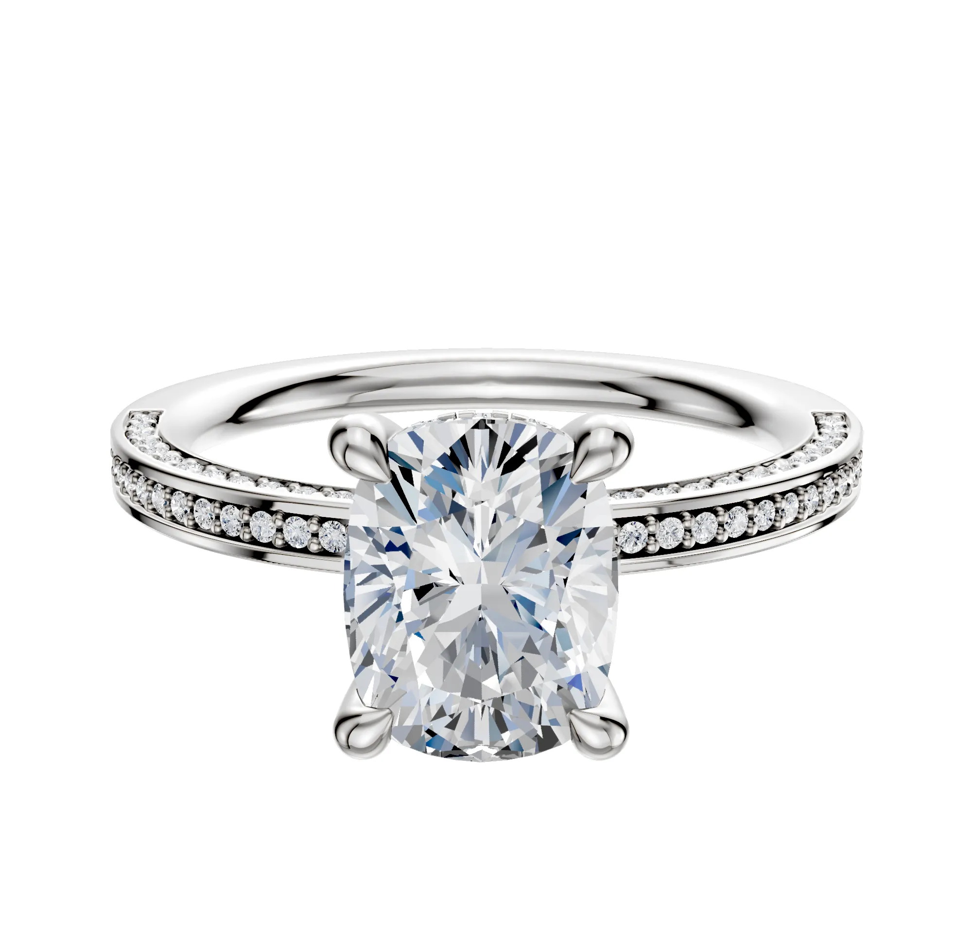 14K White Gold 4 Prong Hidden Halo Classic Flat 3-Row-Pave 2.0mm Engagement Ring sold by Promise By Effy