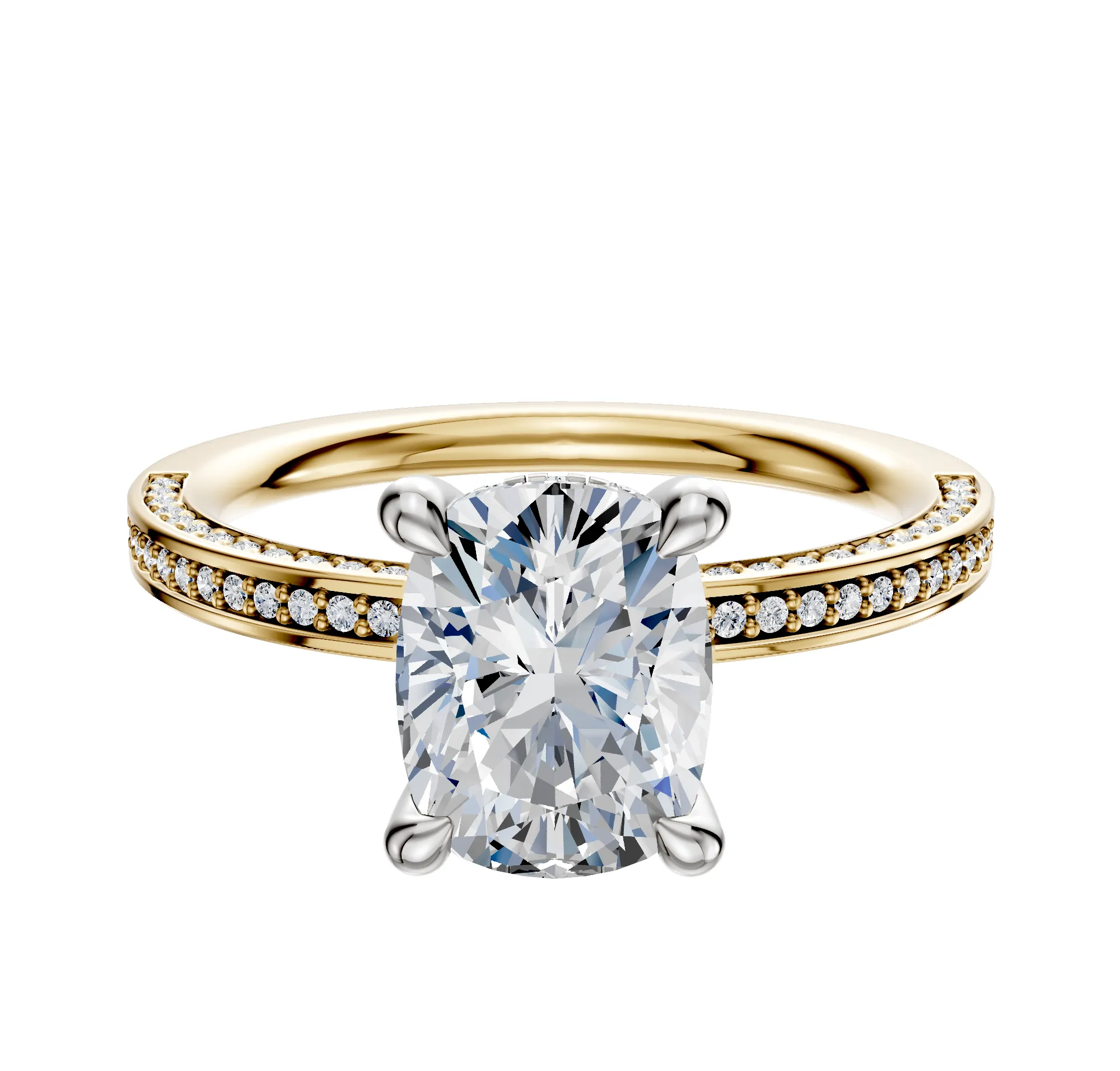 18K Two Tone 4 Prong Hidden Halo Classic Flat 3-Row-Pave 2.0mm Engagement Ring sold by Promise By Effy