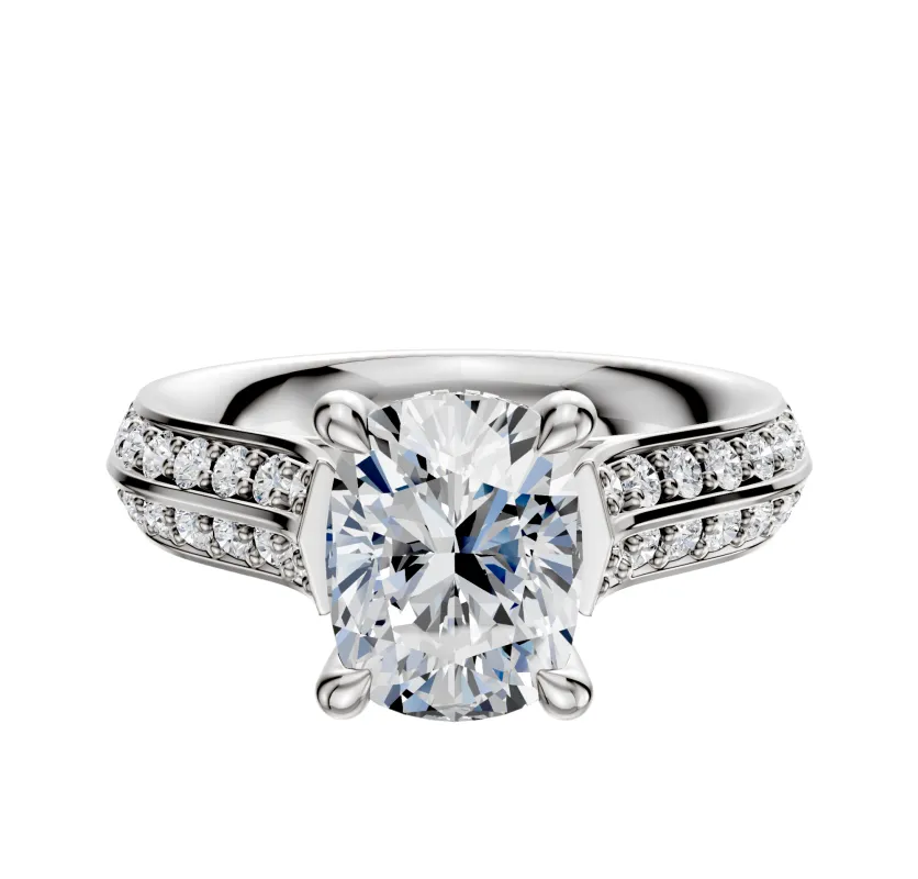 14K White Gold 4 Prong Hidden Halo Cathedral Knife Edge 1-Row-Pave 2.5mm Engagement Ring sold by Promise By Effy