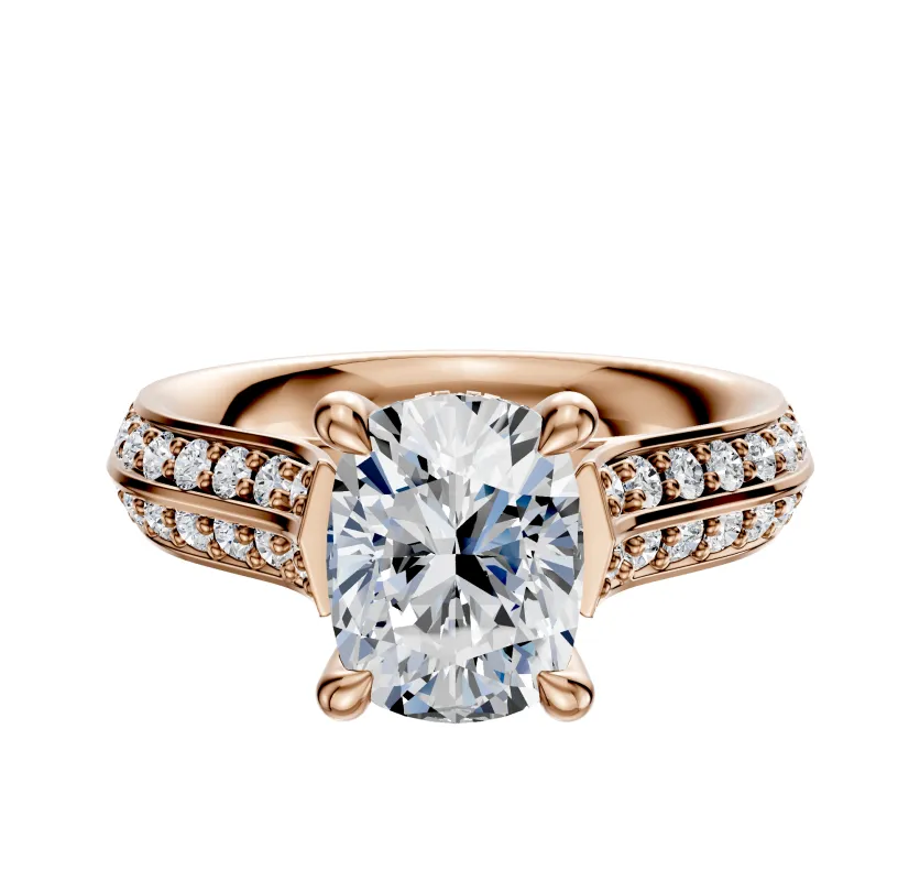 14K Rose Gold 4 Prong Hidden Halo Cathedral Knife Edge 1-Row-Pave 2.5mm Engagement Ring sold by Promise By Effy