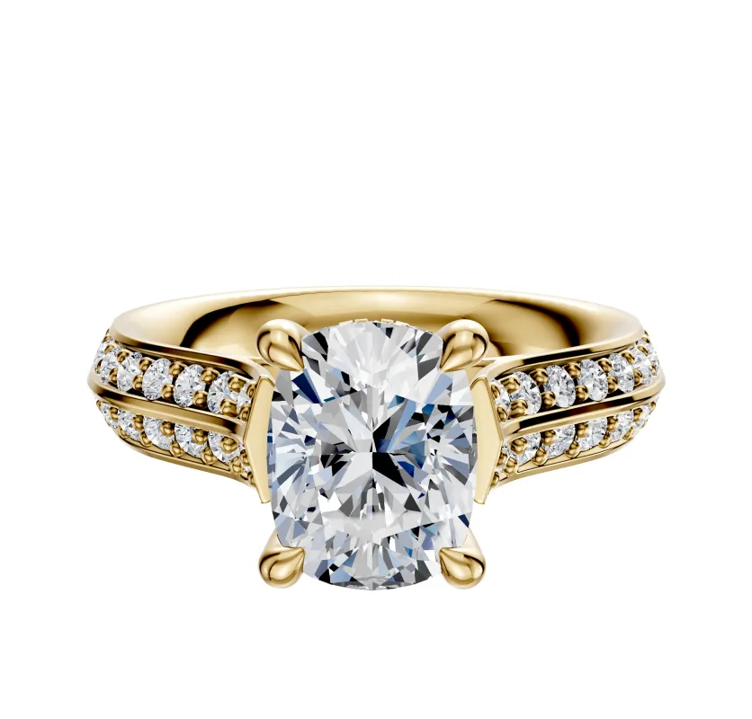 18K Yellow Gold 4 Prong Hidden Halo Cathedral Knife Edge 1-Row-Pave 2.5mm Engagement Ring sold by Promise By Effy