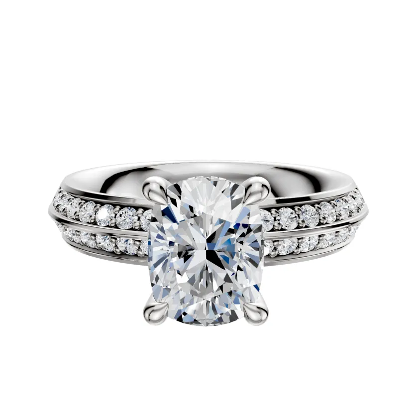 14K White Gold 4 Prong Hidden Halo Classic Knife Edge 1-Row-Pave 2.5mm Engagement Ring sold by Promise By Effy