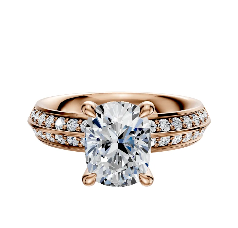 18K Rose Gold 4 Prong Hidden Halo Classic Knife Edge 1-Row-Pave 2.5mm Engagement Ring sold by Promise By Effy