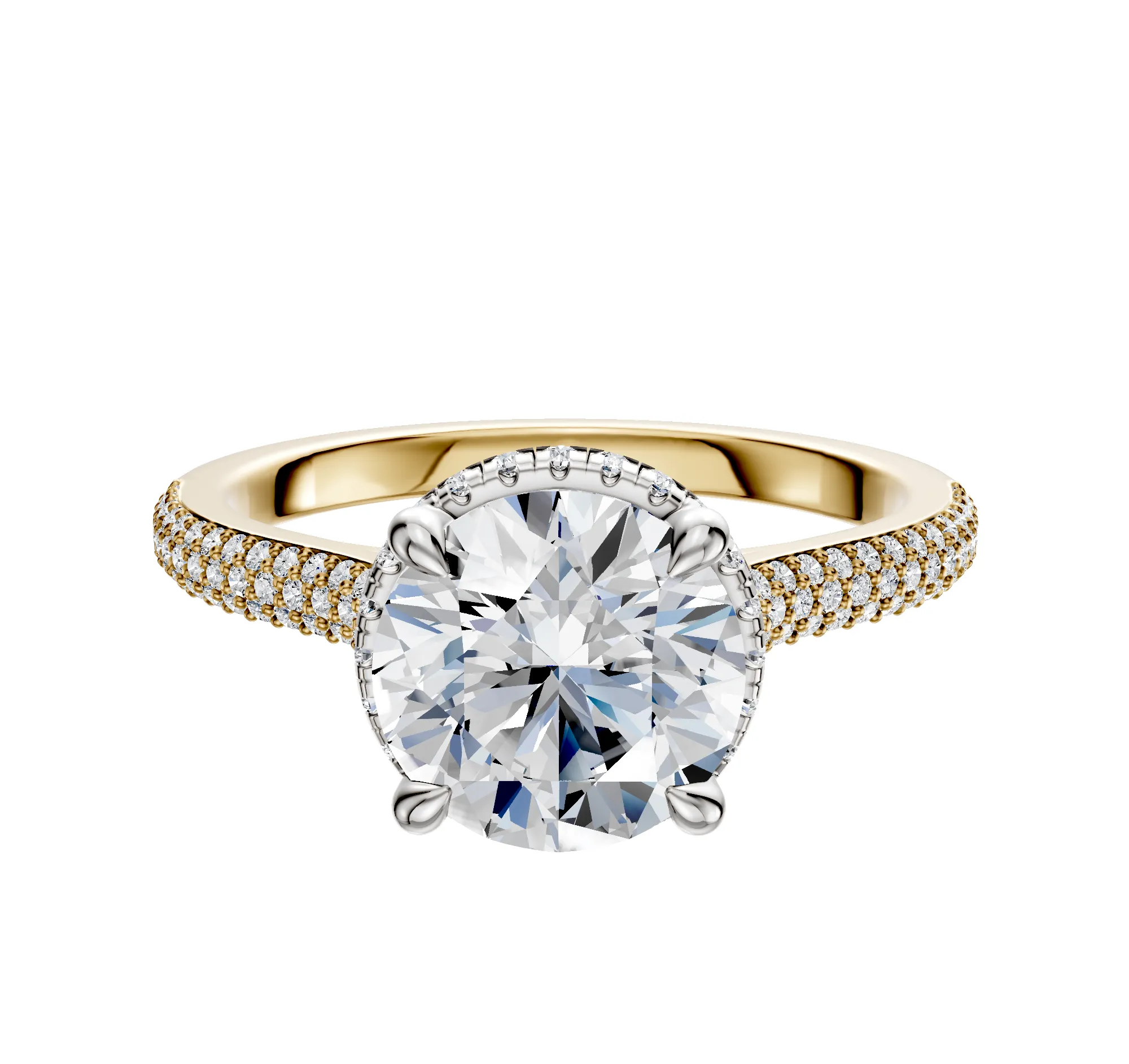 14K Two Tone 4 Prong Collar Cathedral Dome 3-Row-Pave 2.0mm Engagement Ring sold by Promise By Effy