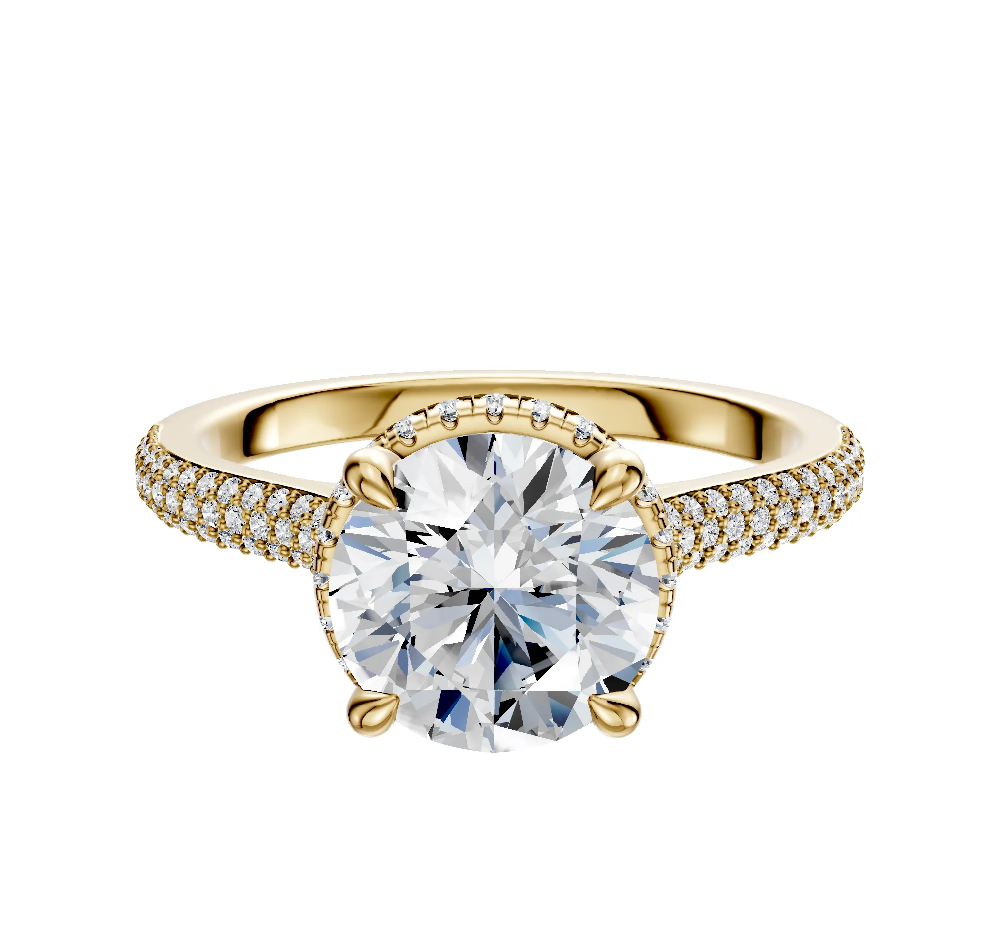 18K Yellow Gold 4 Prong Collar Cathedral Dome 3-Row-Pave 2.0mm Engagement Ring sold by Promise By Effy