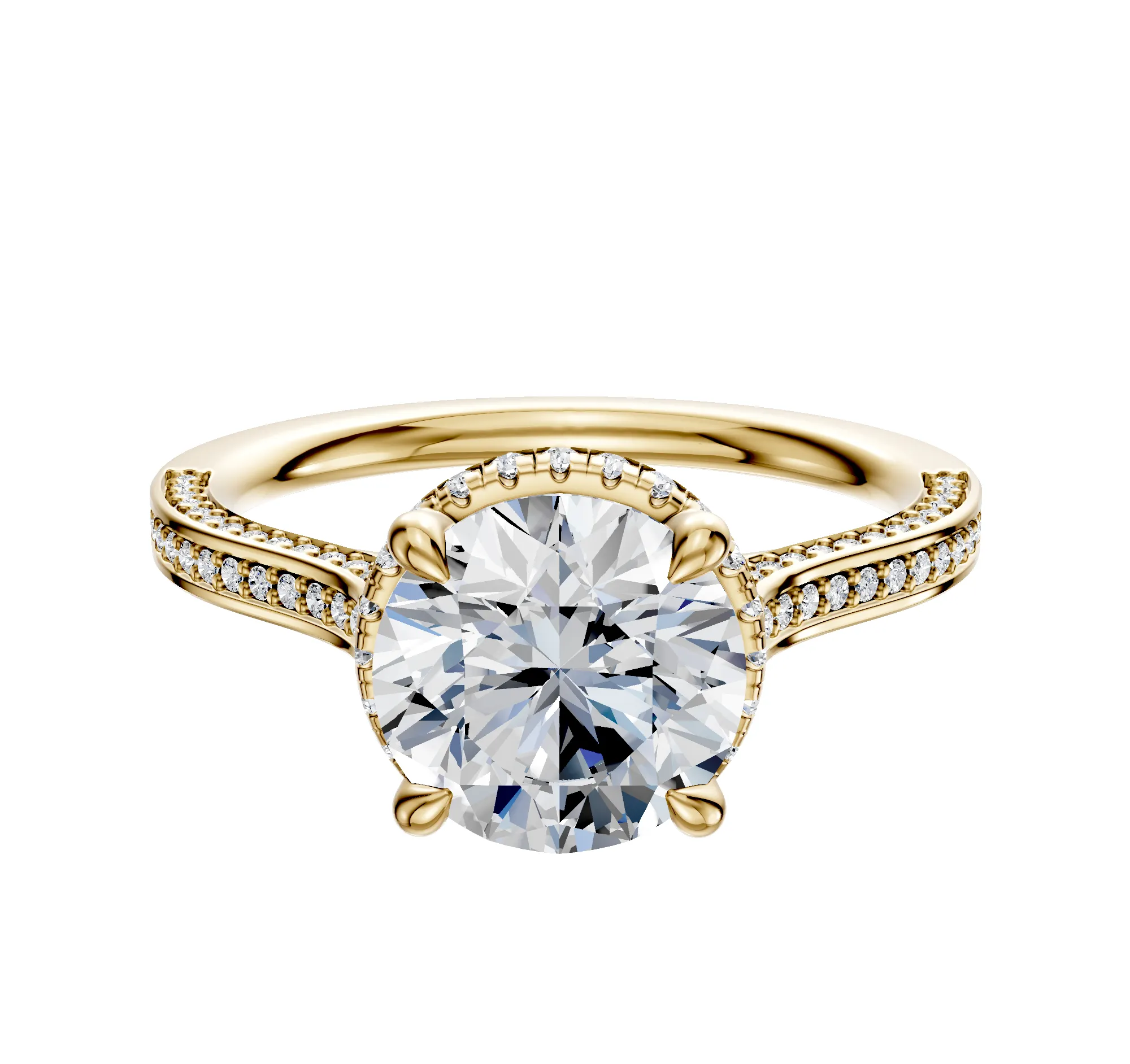 18K Yellow Gold 4 Prong Collar Cathedral Flat 3-Row-Pave 2.0mm Engagement Ring sold by Promise By Effy