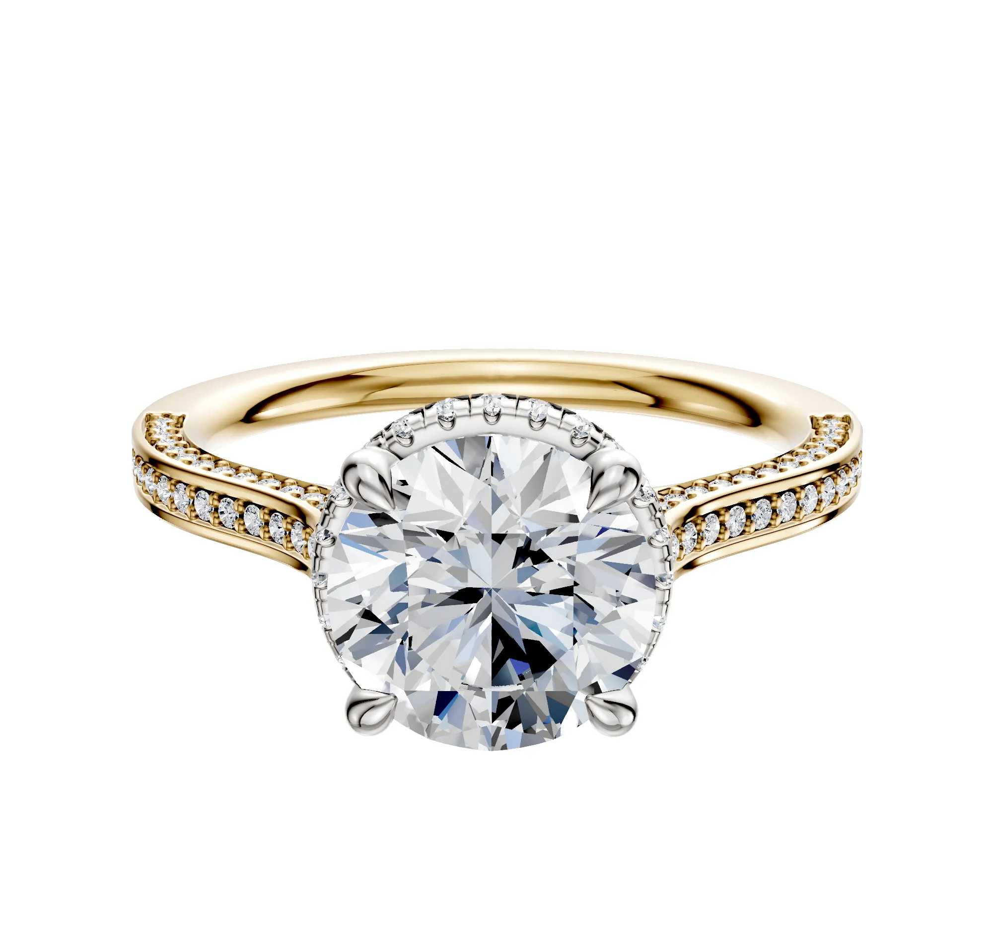 14K Two Tone 4 Prong Collar Cathedral Flat 3-Row-Pave 2.0mm Engagement Ring sold by Promise By Effy