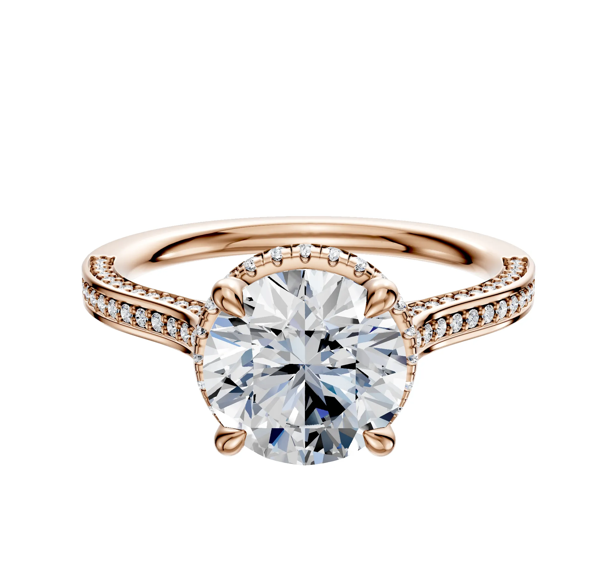 18K Rose Gold 4 Prong Collar Cathedral Flat 3-Row-Pave 2.0mm Engagement Ring sold by Promise By Effy