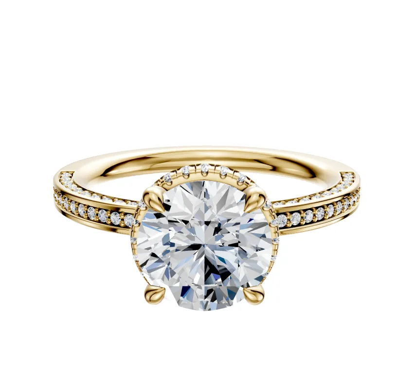 18K Yellow Gold 4 Prong Collar Classic Flat 3-Row-Pave 2.0mm Engagement Ring sold by Promise By Effy