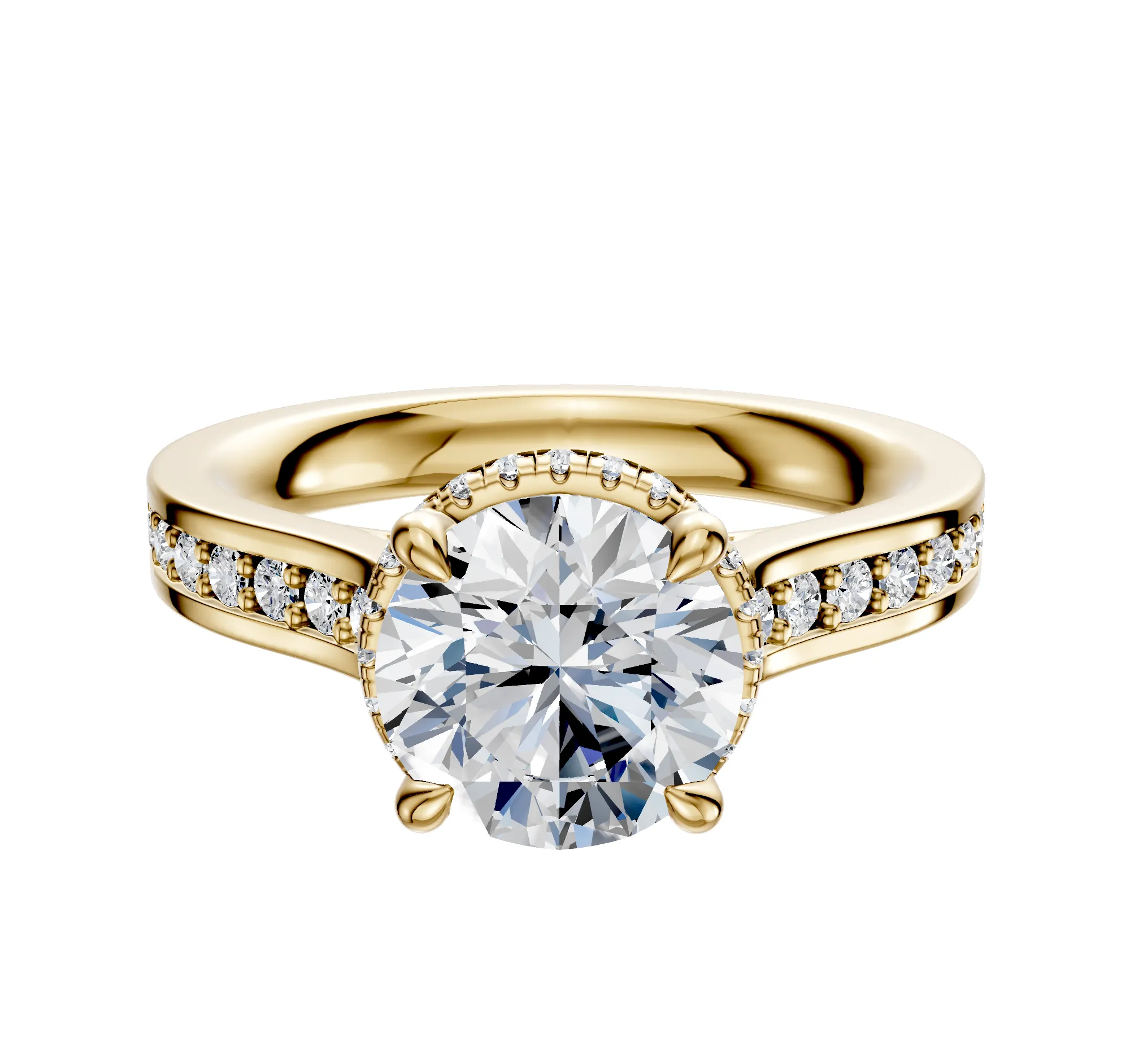 14K Yellow Gold 4 Prong Collar Cathedral Flat 1-Row-Pave 2.5mm Engagement Ring sold by Promise By Effy