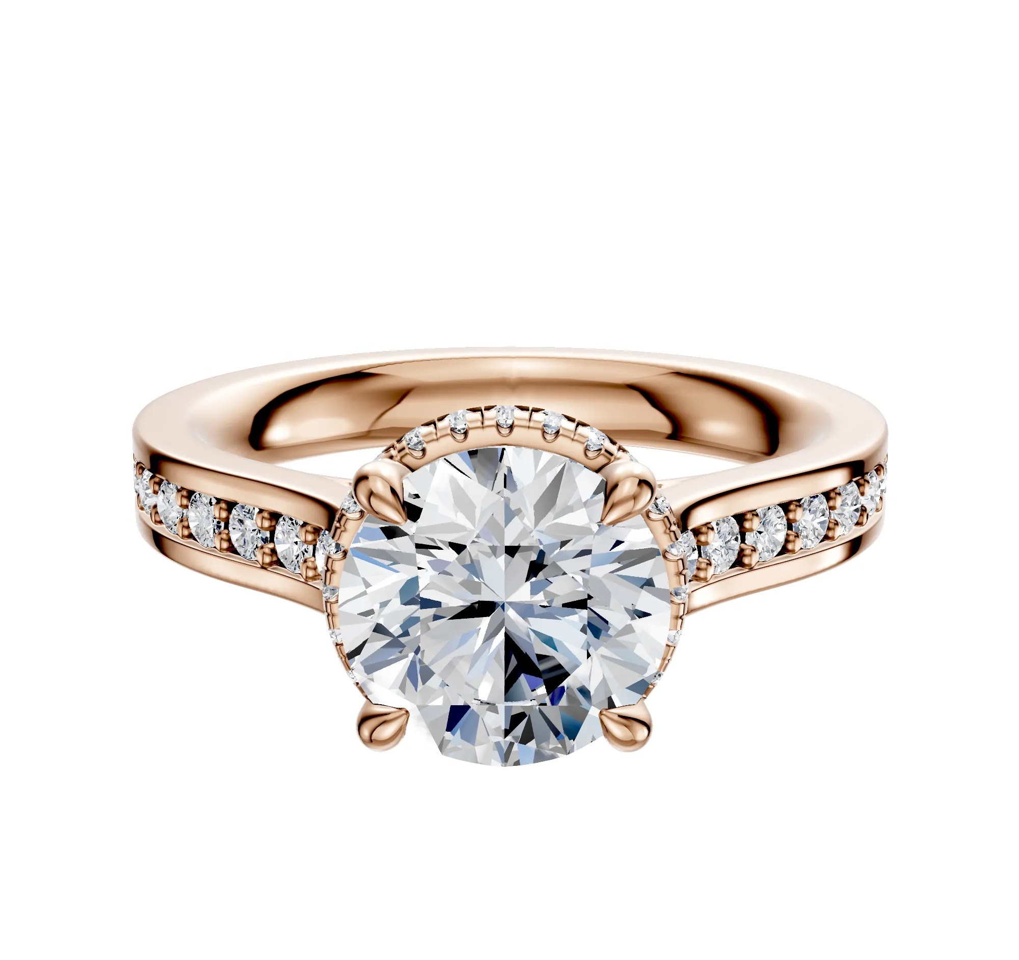 18K Rose Gold 4 Prong Collar Cathedral Flat 1-Row-Pave 2.5mm Engagement Ring sold by Promise By Effy