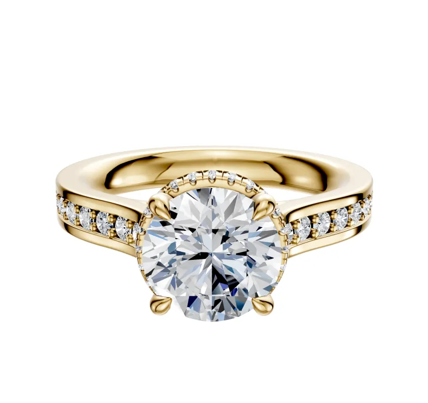 18K Yellow Gold 4 Prong Collar Cathedral Flat 1-Row-Pave 2.5mm Engagement Ring sold by Promise By Effy