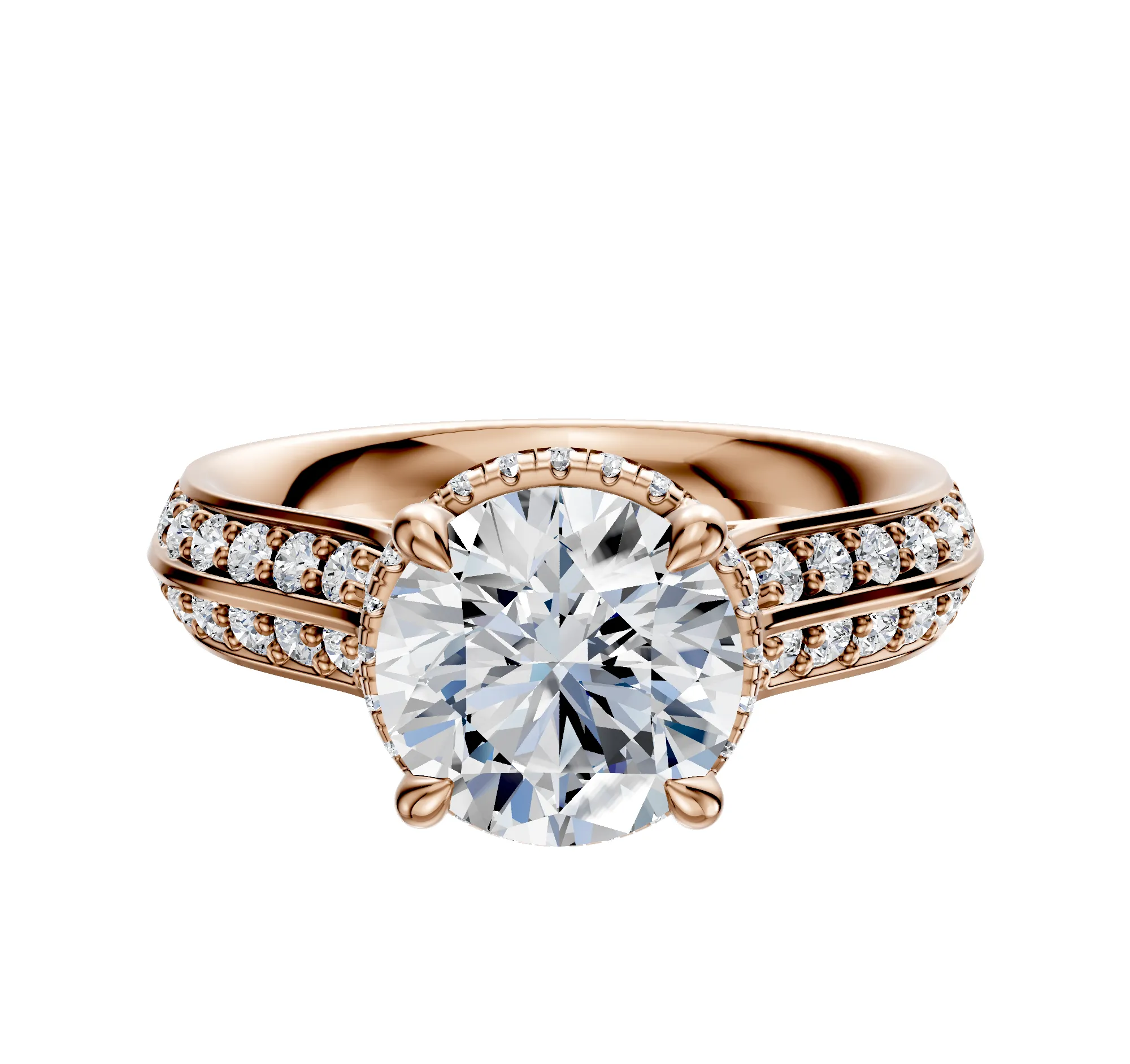 14K Rose Gold 4 Prong Collar Cathedral Knife Edge 1-Row-Pave 2.5mm Engagement Ring sold by Promise By Effy