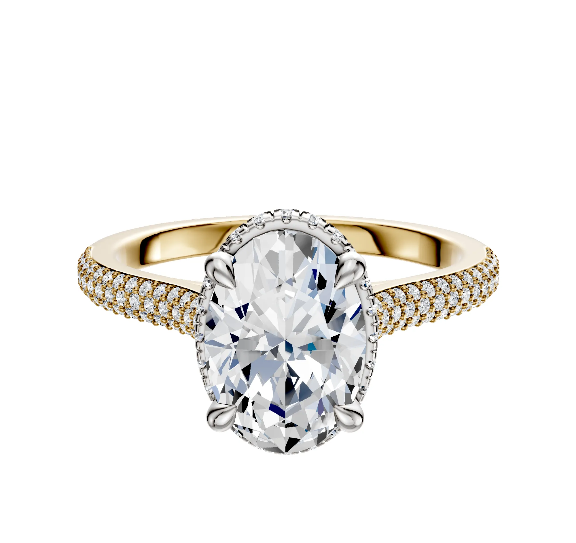 14K Two Tone 4 Prong Collar Cathedral Dome 3-Row-Pave 2.0mm Engagement Ring sold by Promise By Effy