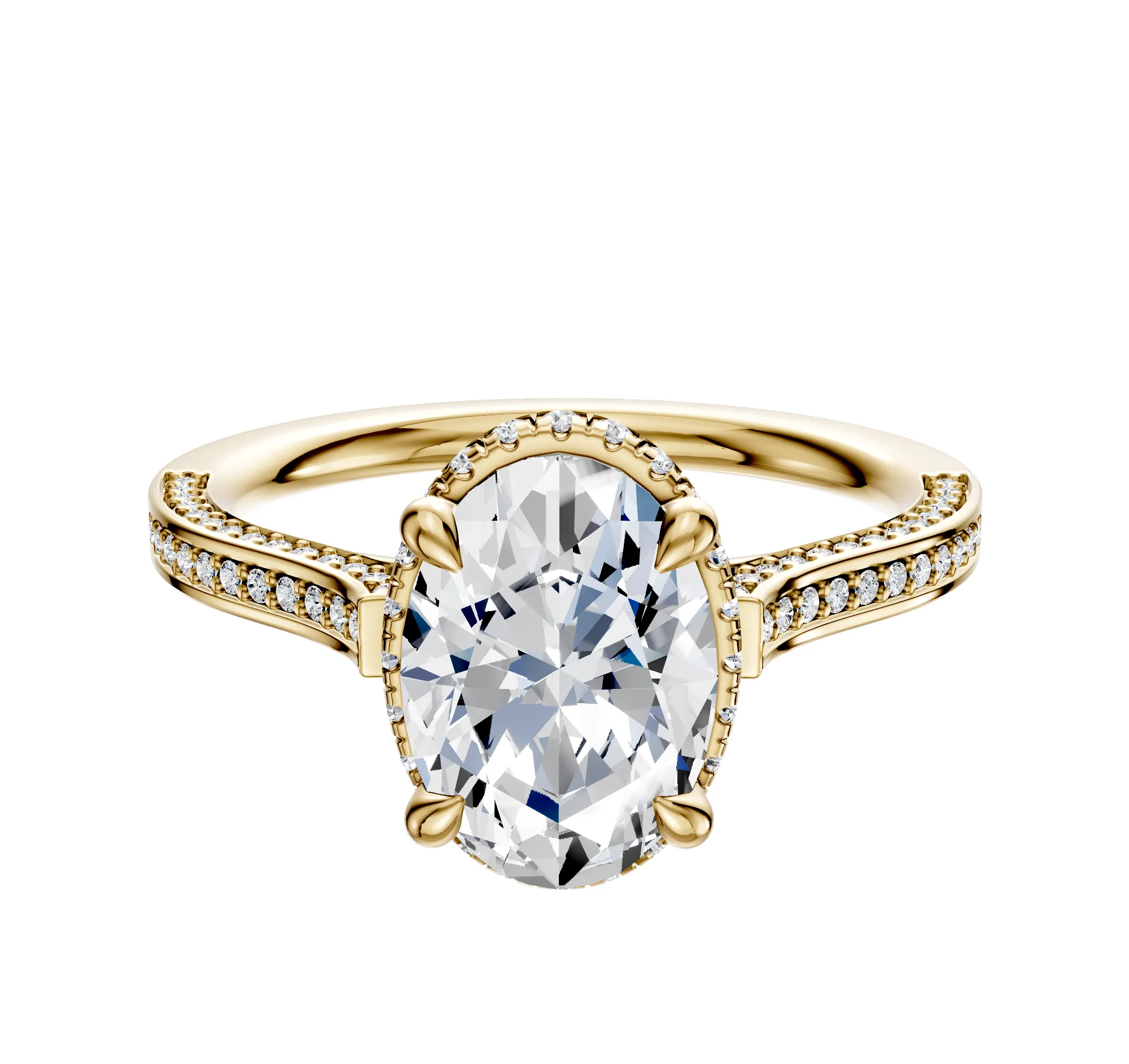 18K Yellow Gold 4 Prong Collar Cathedral Flat 3-Row-Pave 2.0mm Engagement Ring sold by Promise By Effy