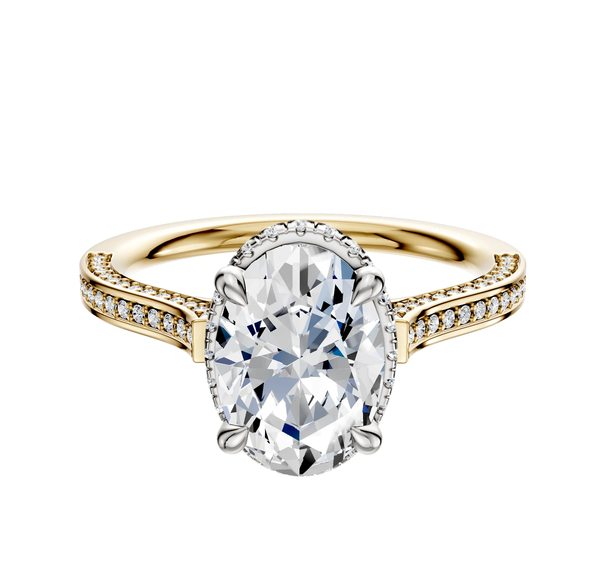 18K Two Tone 4 Prong Collar Cathedral Flat 3-Row-Pave 2.0mm Engagement Ring sold by Promise By Effy