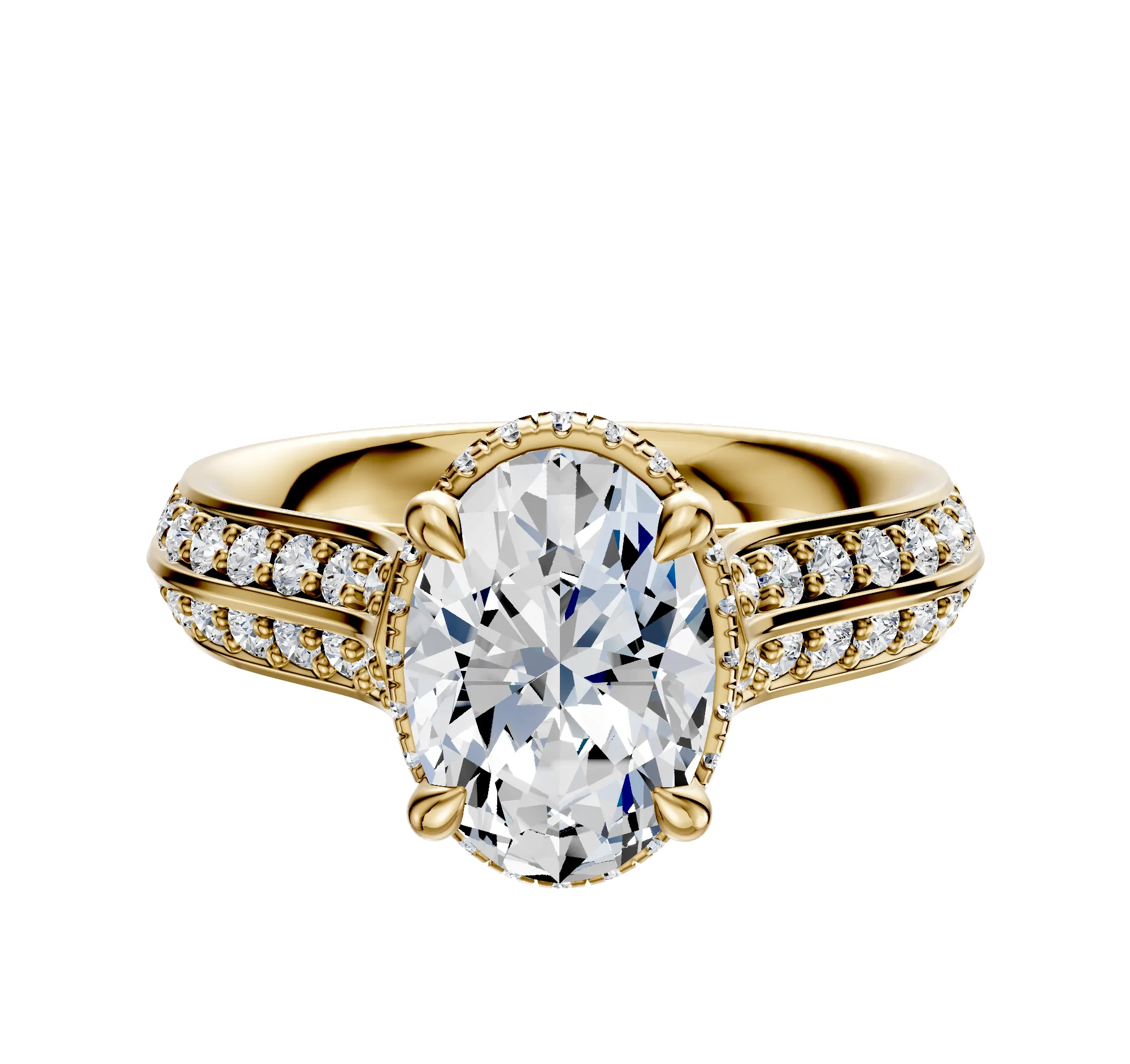 14K Yellow Gold 4 Prong Collar Cathedral Knife Edge 1-Row-Pave 2.5mm Engagement Ring sold by Promise By Effy