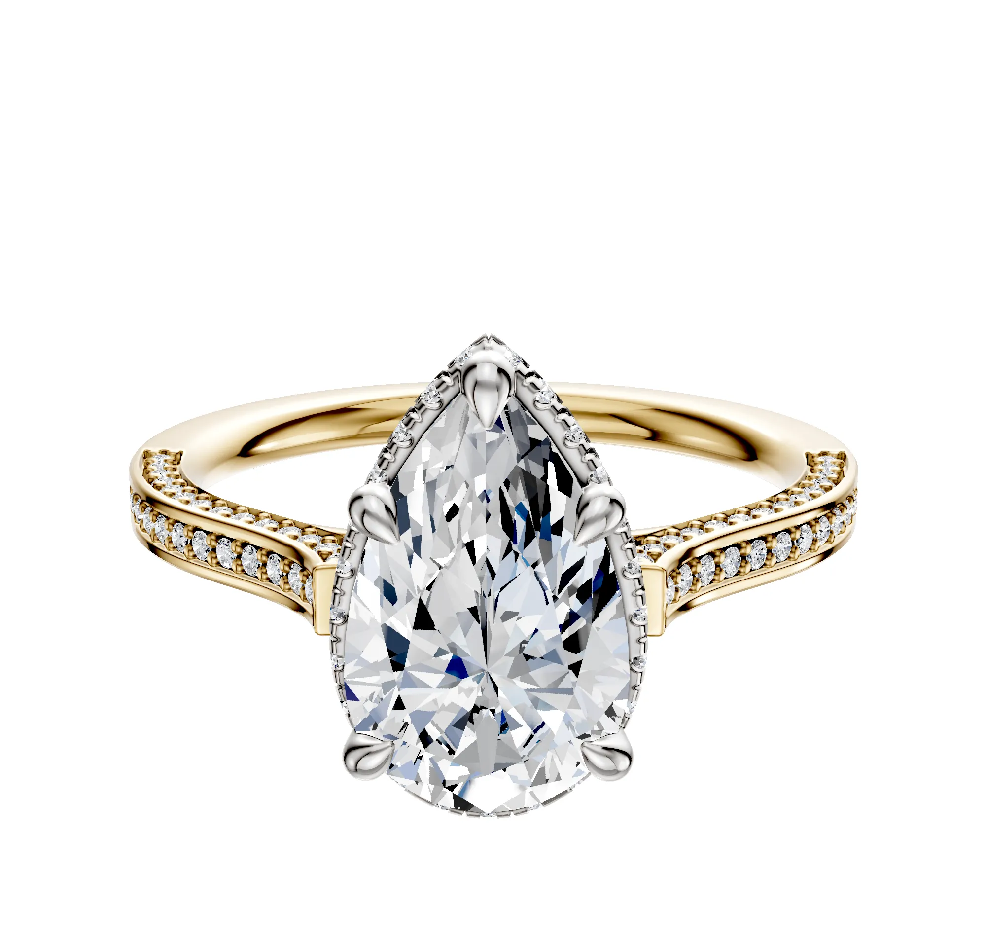 14K Two Tone 4 Prong Collar Cathedral Flat 3-Row-Pave 2.0mm Engagement Ring sold by Promise By Effy