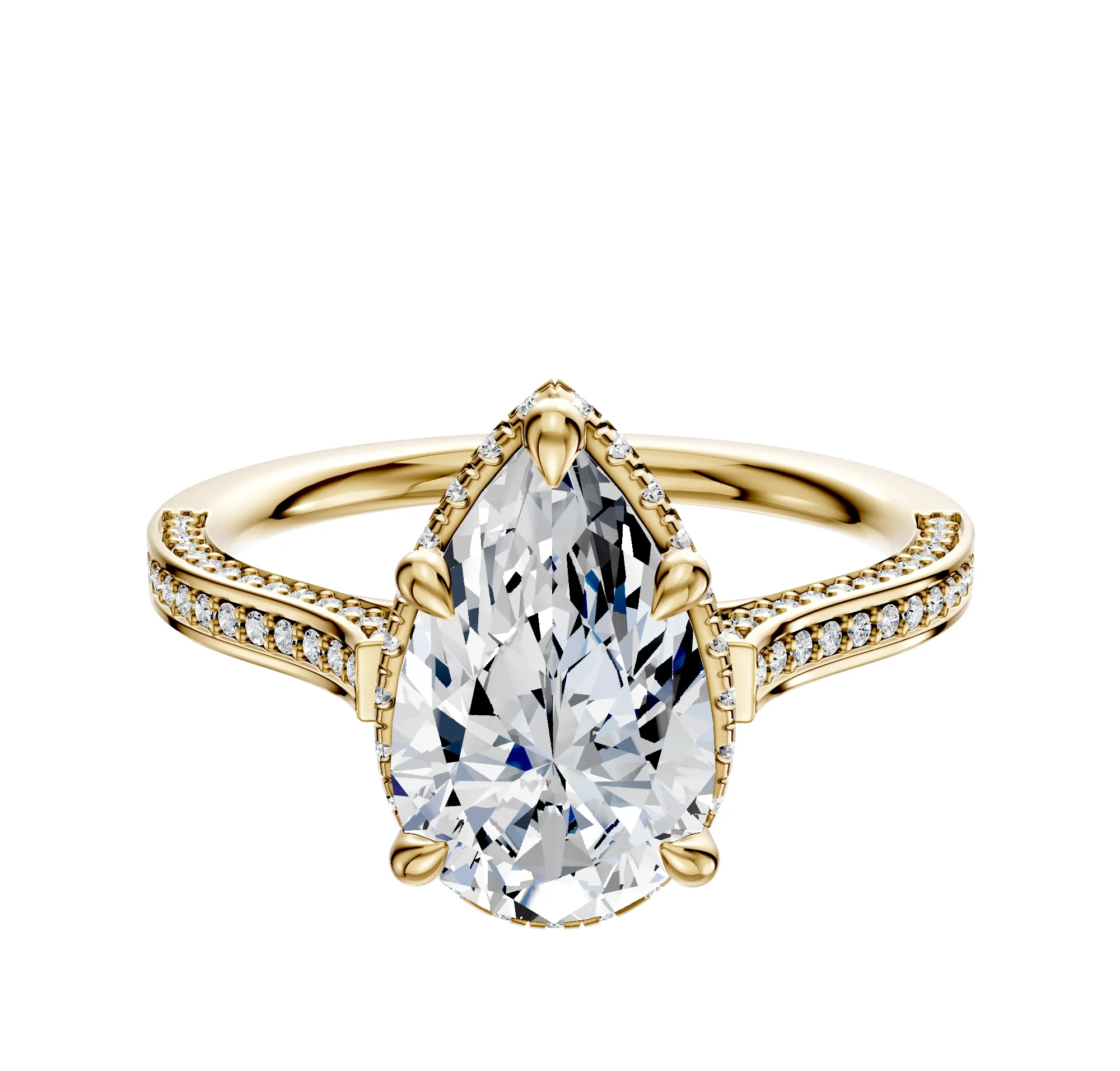 18K Yellow Gold 4 Prong Collar Cathedral Flat 3-Row-Pave 2.0mm Engagement Ring sold by Promise By Effy