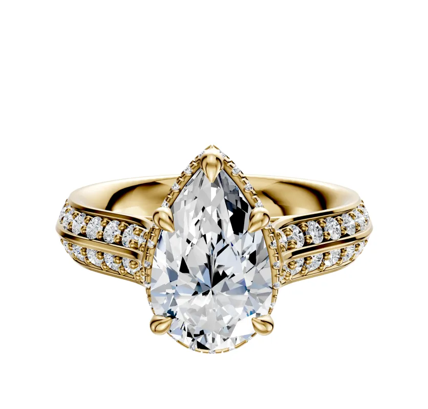 18K Yellow Gold 4 Prong Collar Cathedral Knife Edge 1-Row-Pave 2.5mm Engagement Ring sold by Promise By Effy