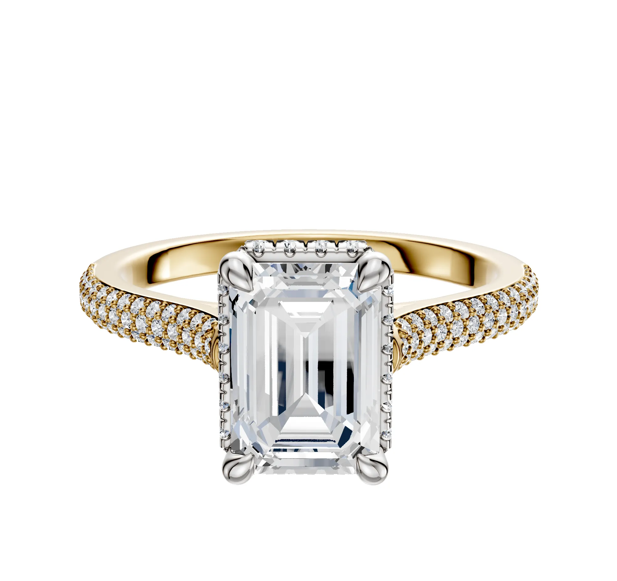 14K Two Tone 4 Prong Collar Cathedral Dome 3-Row-Pave 2.0mm Engagement Ring sold by Promise By Effy