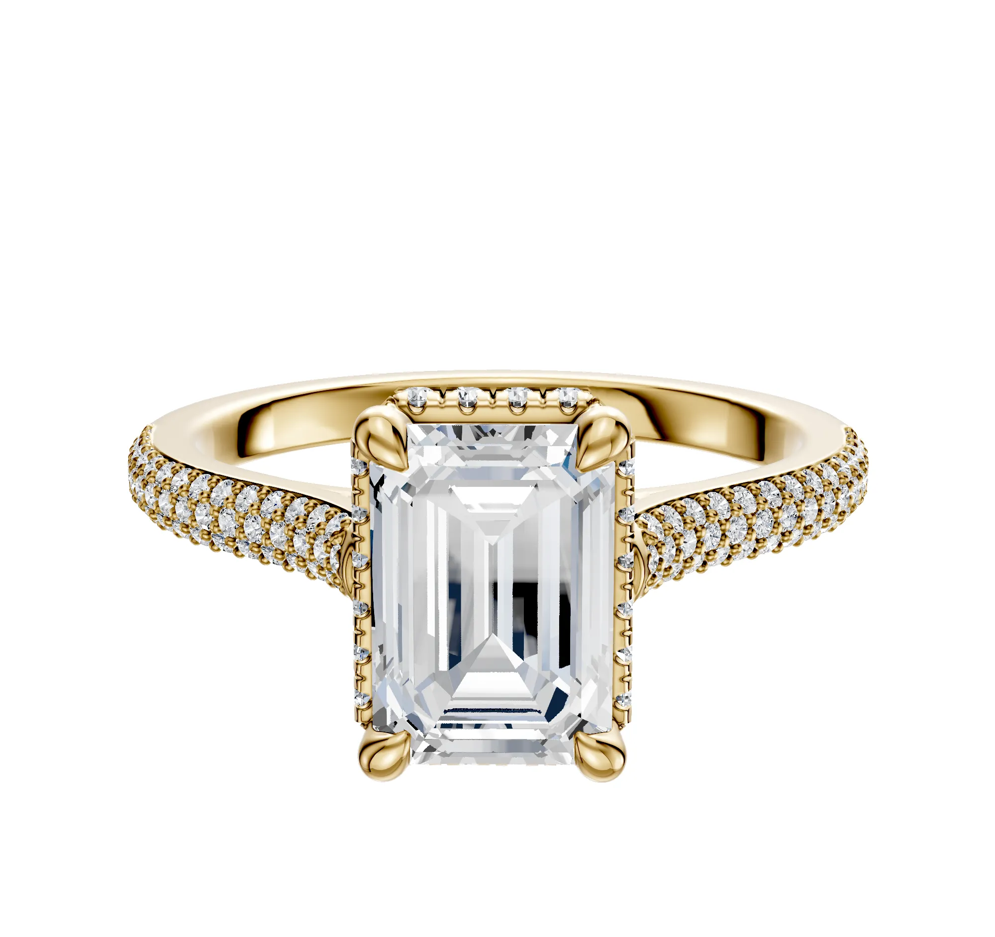 18K Yellow Gold 4 Prong Collar Cathedral Dome 3-Row-Pave 2.0mm Engagement Ring sold by Promise By Effy