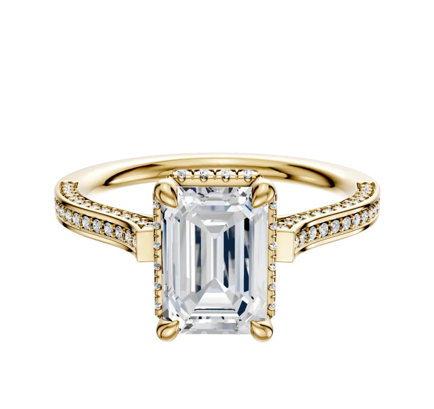 14K Yellow Gold 4 Prong Collar Cathedral Flat 3-Row-Pave 2.0mm Engagement Ring sold by Promise By Effy