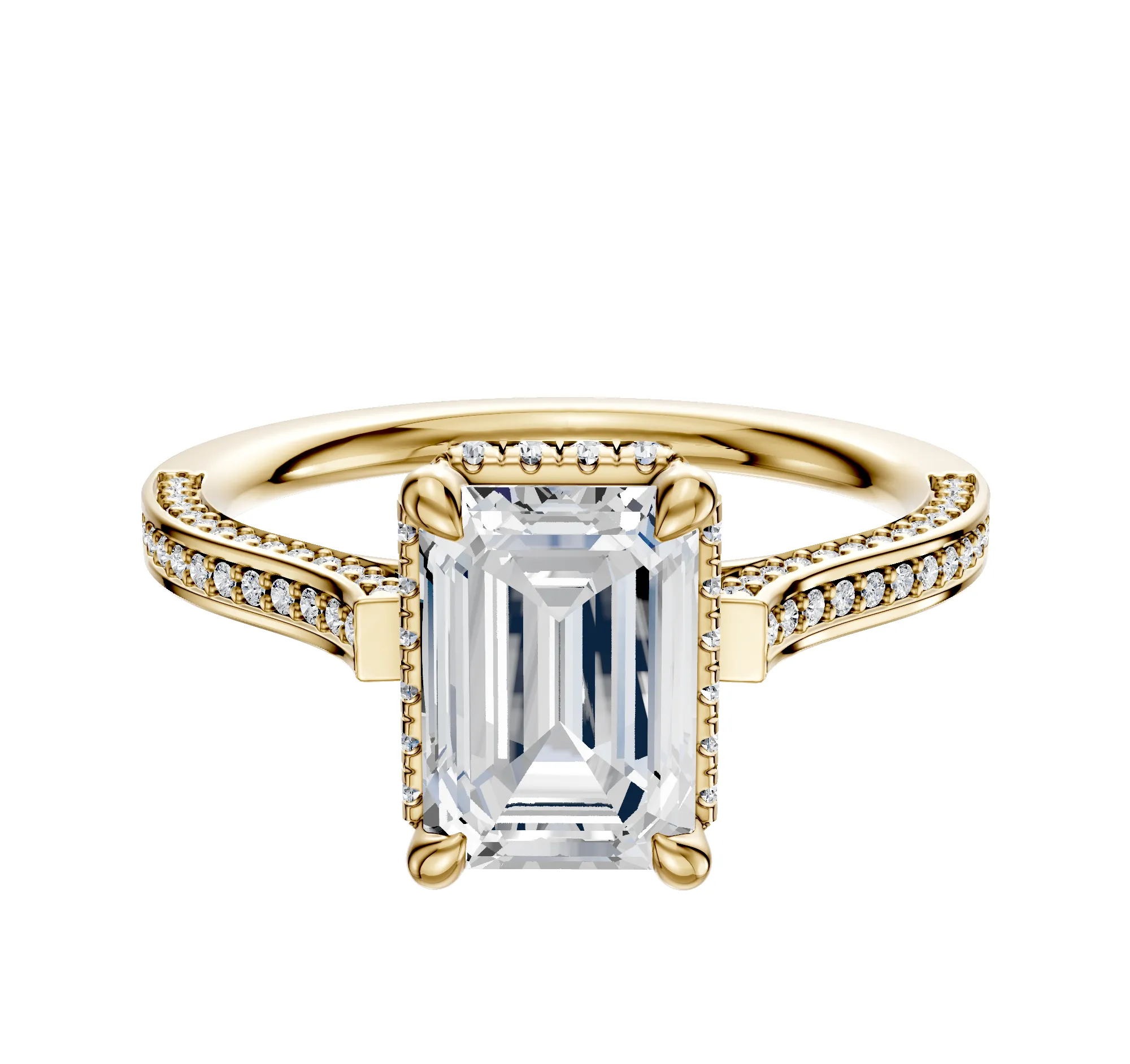 14K Yellow Gold 4 Prong Collar Cathedral Flat 3-Row-Pave 2.0mm Engagement Ring sold by Promise By Effy