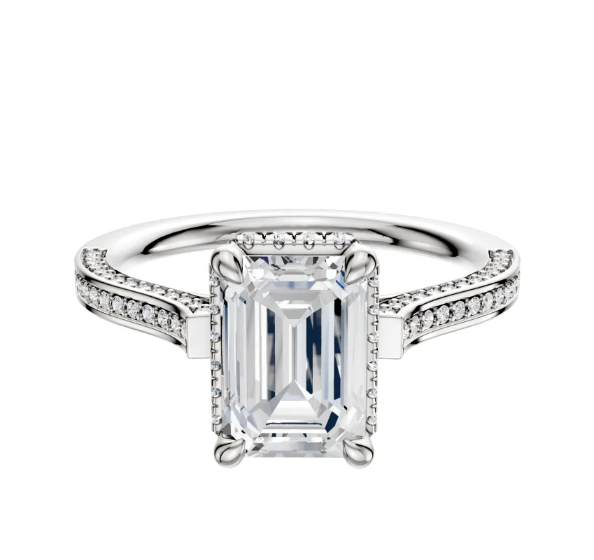 14K White Gold 4 Prong Collar Cathedral Flat 3-Row-Pave 2.0mm Engagement Ring sold by Promise By Effy