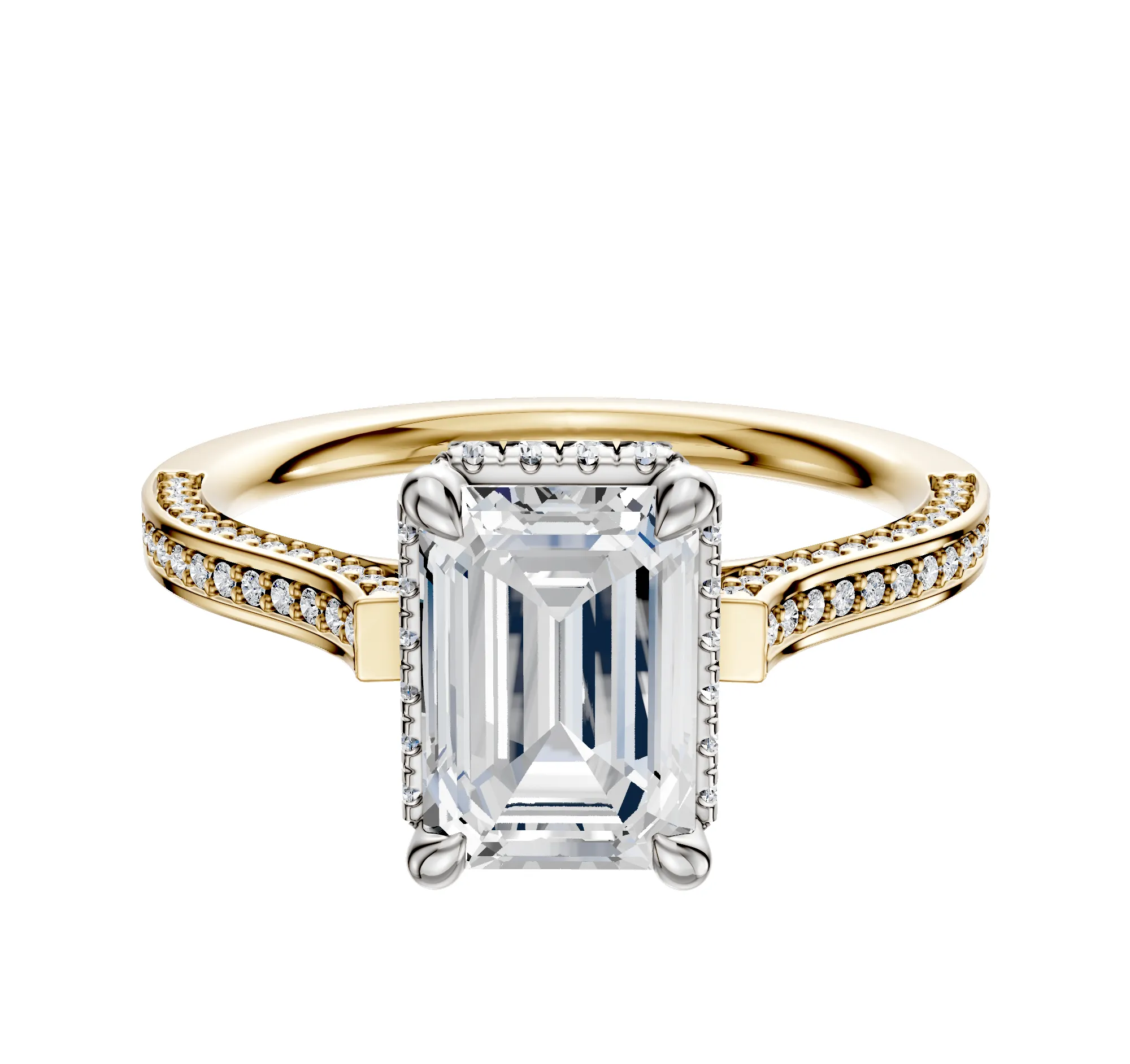 14K Two Tone 4 Prong Collar Cathedral Flat 3-Row-Pave 2.0mm Engagement Ring sold by Promise By Effy