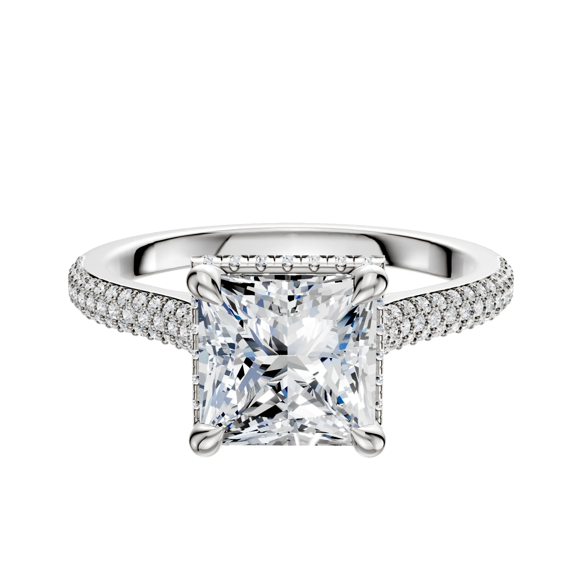 18K White Gold 4 Prong Collar Cathedral Dome 3-Row-Pave 2.0mm Engagement Ring sold by Promise By Effy