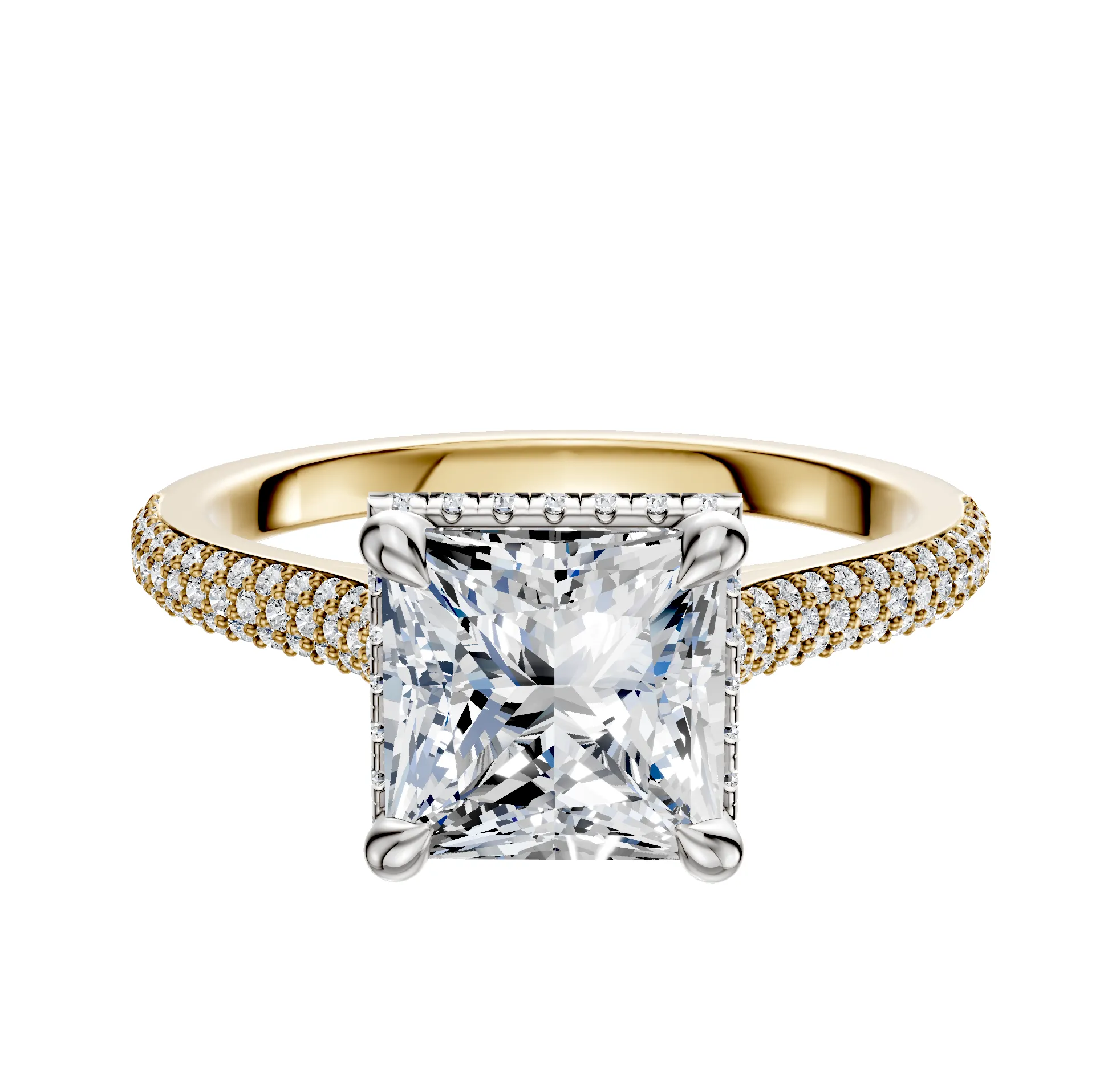 14K Two Tone 4 Prong Collar Cathedral Dome 3-Row-Pave 2.0mm Engagement Ring sold by Promise By Effy