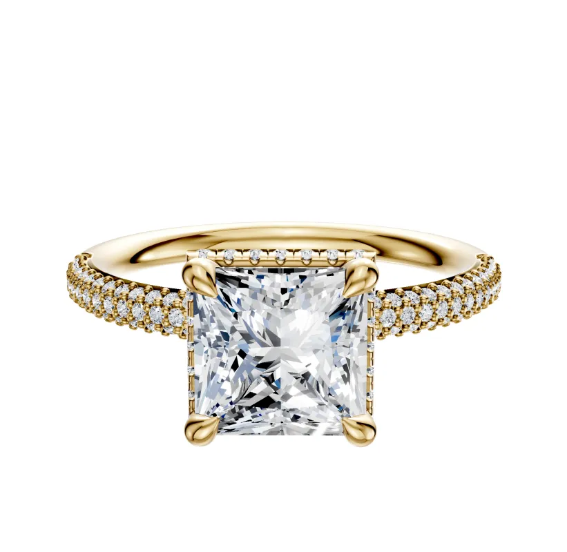 14K Yellow Gold 4 Prong Collar Classic Dome 3-Row-Pave 2.0mm Engagement Ring sold by Promise By Effy