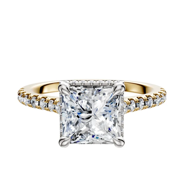 14K Two Tone 4 Prong Collar Cathedral Dome 1-Row-Pave 2.5mm Engagement Ring sold by Promise By Effy