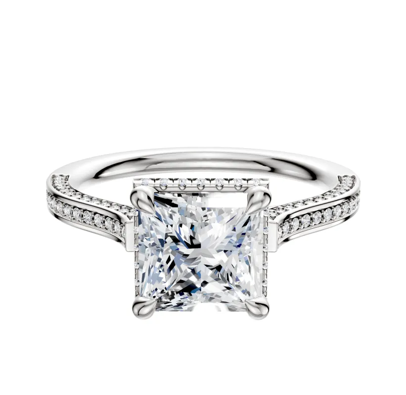 14K White Gold 4 Prong Collar Cathedral Flat 3-Row-Pave 2.0mm Engagement Ring sold by Promise By Effy